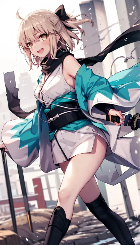 meticulous details, good composition, , cute face, perfect face, perfect hands, 1teen_girl,okita souji \(FGO\), okita souji \(fate\), pale_pink_ponytail,black_bow,sleeveless_white_short_kimono,
 smile,happy,gold_half_eyes, thigh-highs, straw_sandals,medium...