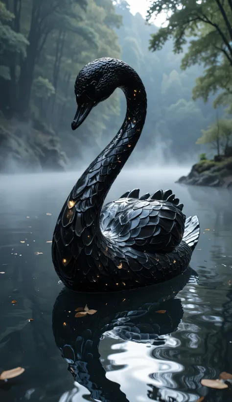 "A swan sculpted entirely in light black diamond floats above a serene lake. Suas penas, made of intricate layers of cut crystal, reflect light with a subtle and elegant glow. Its curved neck and refined beak highlight its noble appearance, while the surro...