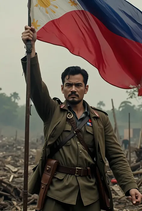 cinematic film still heneral luna, (( grip on philippine flag))