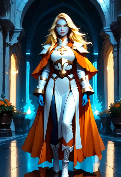 fantasy art, dnd art, RPG art, wide shot, (masterpiece: 1.4) a full body shot,  intense details, highly detailed, photorealistic, best quality, highres, portrait a female ((blue skin: 1.5)), intense details facial details, exquisite beauty, cleric, ((cobal...