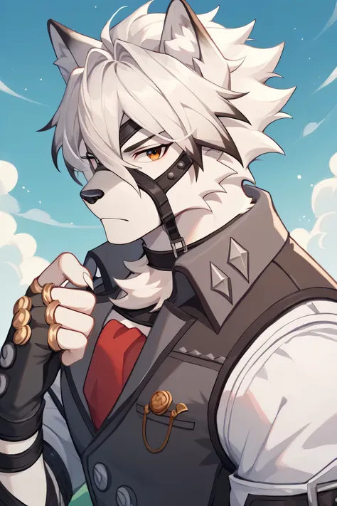 Lekaan, alone, Wolf, costume, male, Tops, costume, vest, fingerless gloves, 肌肉的 male, White hair, front view, bust, Tail, white shirt, landscape, movement posture, Battle Pose , watching the audience, Simple background, masterpiece, of the best qu...