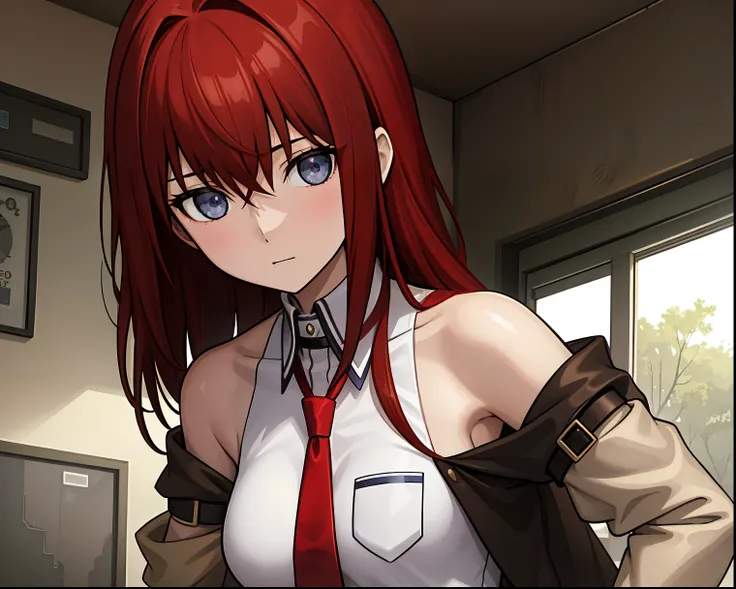 ((masterpiece,BEST QUALITY,Super Detail,8k)),brown with swe_hair,collared_shirt,jacket,length_sleeve,Makise _runs,is standing,red_tie,solo,1 girl,white_shirt,completely complete,red_hair,Big Breasts、Black background,colorful, loose clothing、vibrant, Shinin...