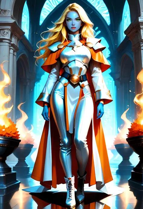 fantasy art, dnd art, RPG art, wide shot, (masterpiece: 1.4) a full body shot,  intense details, highly detailed, photorealistic, best quality, highres, portrait a female ((blue skin: 1.5)), intense details facial details, exquisite beauty, cleric, ((cobal...