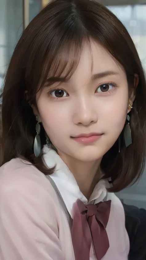 Ayase Momo, 1 girl,  jewelry, solo, earrings, brown hair,
Overlapping Bangs Between Eyes, short hair, black choker, Tai Eyebrows,big breasts,brown eyes, 
school uniform, pleated skirt with mirror standing, collar shirt, Classroom,
(((pink knit over y-shirt...