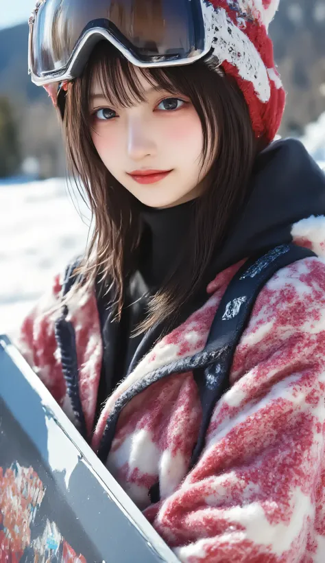 1 woman、high resolution, masterpiece, is anatomically correct, 最high quality of wavy lines, high detail, high quality of wavy lines, Ultra Fine, textured skin, Hair, smiles, portrait photography, Aperture F2.8,Ski resort、 Snow Mountain 、Snowboarder、Ski we...