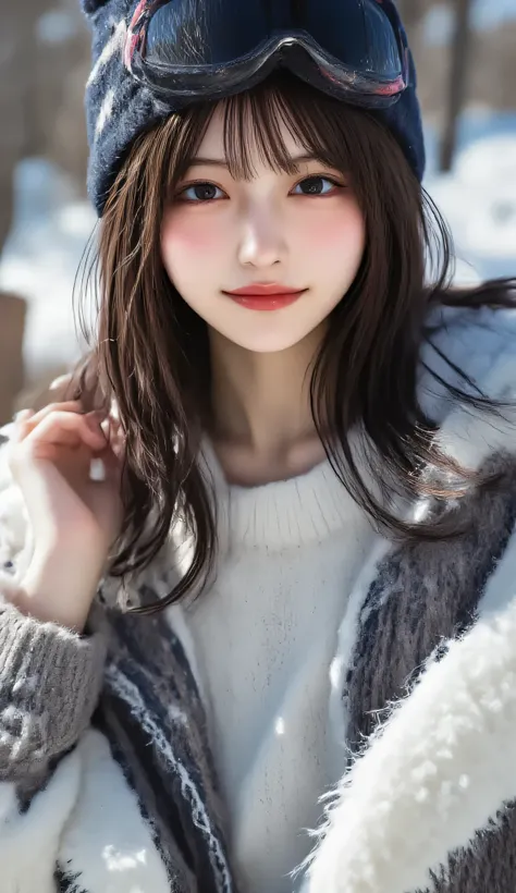 1 woman、high resolution, masterpiece, is anatomically correct, 最high quality of wavy lines, high detail, high quality of wavy lines, Ultra Fine, textured skin, Hair, smiles, portrait photography, Aperture F2.8,Ski resort、 Snow Mountain 、Snowboarder、Ski we...