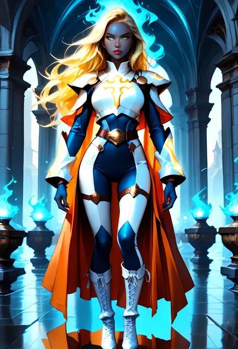 fantasy art, dnd art, RPG art, wide shot, (masterpiece: 1.4) a full body shot,  intense details, highly detailed, photorealistic, best quality, highres, portrait a female ((dark blue skin: 1.5)), intense details facial details, exquisite beauty, cleric, ((...