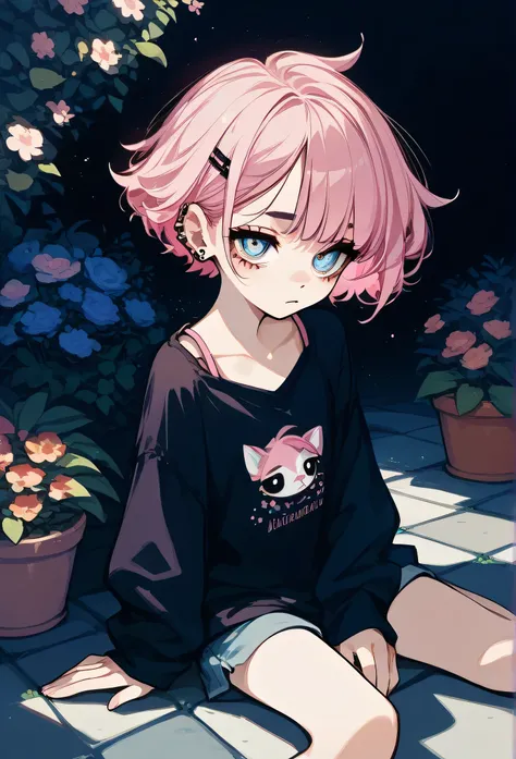 Masterpiece, best quality,  Young, pastel pink hair, short hair, piercing eyes, curvy body, dark background, sitting on the floor, ghotic outfit,  EYE BAGS, eye shadow, garden, tired