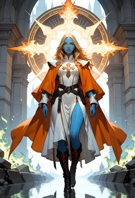 full body portrait a female ((blue skin: 1.5)), intense details facial details, exquisite beauty, cleric, ((dark blue skin: 1.5)), yellow hair, long hair, (((no ears: 1.5))), (green eyes: 1.3), armed with a fiery sword red fire, wearing (white priestly com...