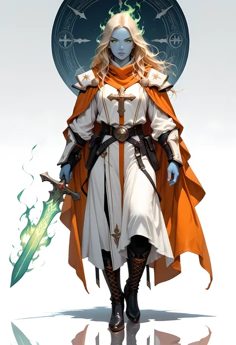 full body portrait a female ((blue skin: 1.5)), intense details facial details, exquisite beauty, cleric, ((dark blue skin: 1.5)), yellow hair, long hair, (((no ears: 1.5))), (green eyes: 1.3), armed with a fiery sword red fire, wearing (white priestly com...