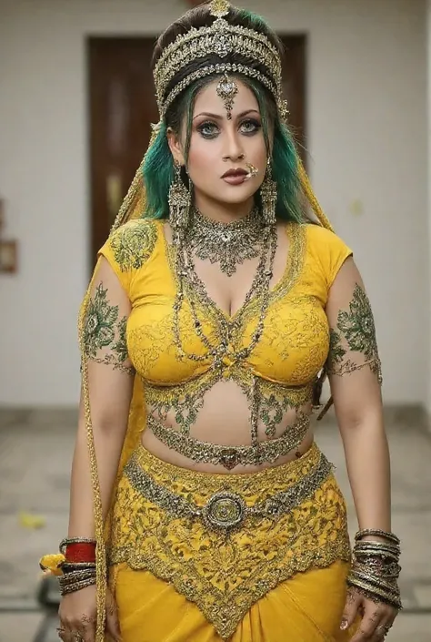 a gorgeous woman with green hair and ((wearing a Saffron dress)), beautiful dark elf countess, charlie bowater rich deep colors, dark skin female goddess of love, curvy figure, big waist, big 38D breast, nipple leak spot, epic exquisite character, beautifu...