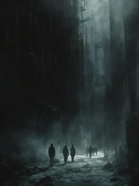 Ancient dark shadows descend, into the darket charred black, (Echoes of demonic Brutality: beyond the darkest Surrealist Realms of Hell, grim and terrifying, ominous haze, harsh apocalyptic Winter scenes, haunting and brutalist landscape, a Strange surreal...