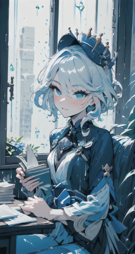 masterpiece, best quality, high resolution, ultra-detailed, 4k wallpaper, official art, Genshin Impact style, illustration, sharp focus,
(blue color palette:1.3), cool color tone, predominantly blue, moody lighting, rainy day atmosphere,
1girl, solo, Fur...