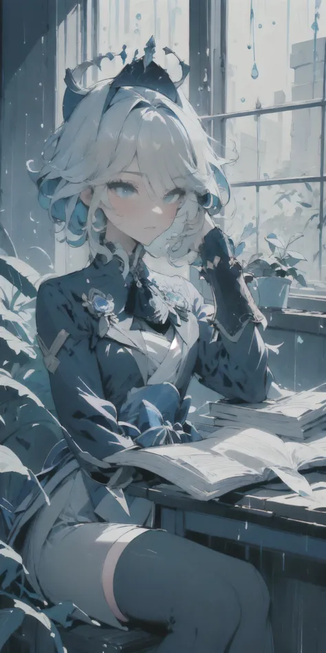 masterpiece, best quality, high resolution, ultra-detailed, 4k wallpaper, official art, Genshin Impact style, illustration, sharp focus,
(blue color palette:1.3), cool color tone, predominantly blue, moody lighting, rainy day atmosphere,
1girl, solo, Fur...