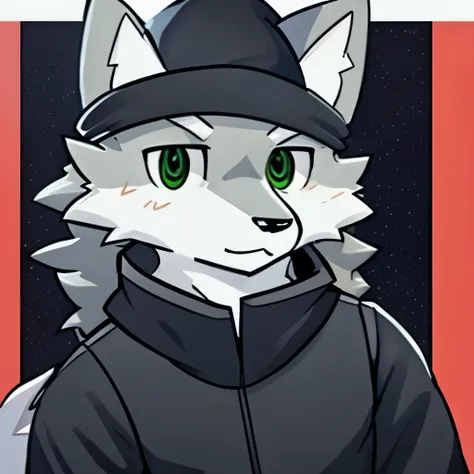 Personality 、many people、Fr、、man、 white fur 、black jacket with winter hat、 with green eyes、wolf、ذيل الwolf、clarification、Black pants
