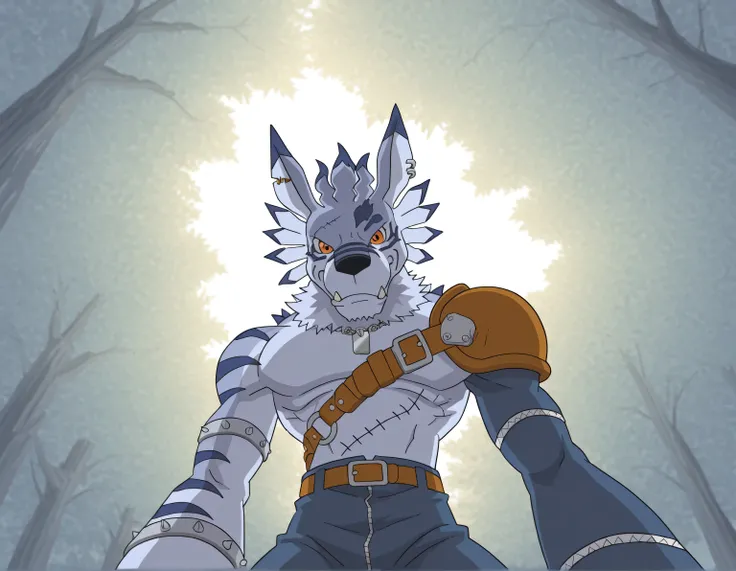 weregarurumon, weregmonil, ripped blue jeans with a spiked knee-pad on the right leg, a leather pauldron on left shoulder, blue arm sleeve on left arm, dog_tag, silver armbands right arm, anthro, male, wolf, light blue fur, orange eyes, dark blue stripes, ...