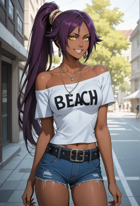 NSFW,masterpiece, top quality , High Definition , very detailed,Yoruichi Shihouin\(BLEACH\), long hair、 yellow eyes、 ponytail、Purple Hair、 dark skin 、 dark skin の女性, off-shoulder, Denim Shorts,belt, Casual , necklace,Earrings,Bad Smile,Nightlife