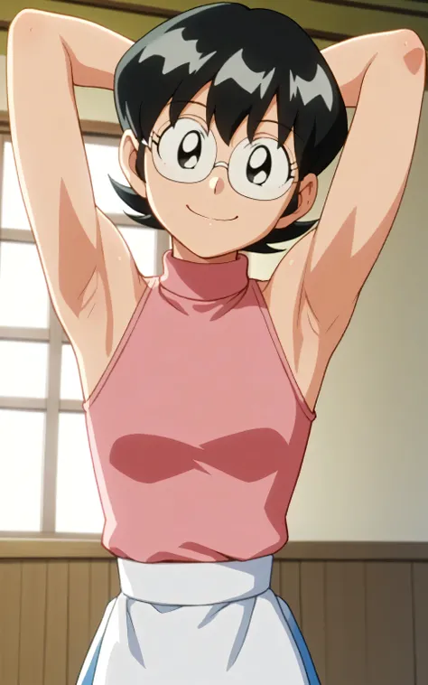 score_9, score_8_up, score_7_up, source_anime, anime coloring, masterpiece, best quality, amazing quality, anime screencap, 1girl, solo, tamako nobi, black hair, black eyes, glasses, pink sweater, sleeveless sweater, bare shoulders, bare arms, arms behind ...