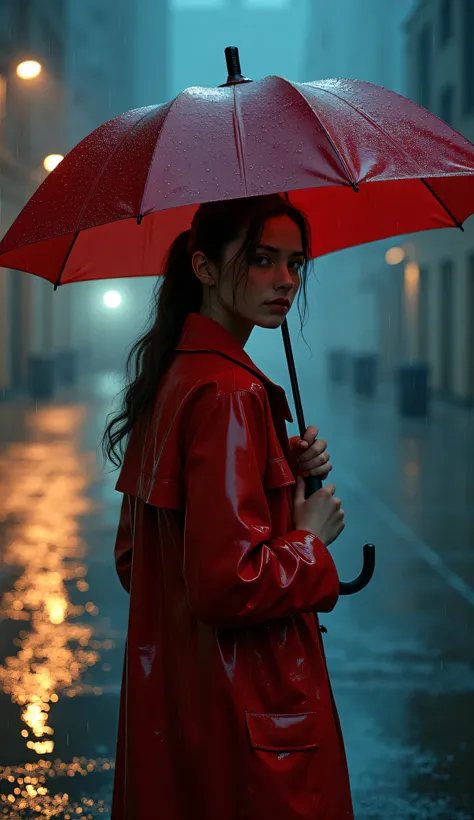 girl with a full-length umbrella full face, dressed in a red raincoat, night street, flashlight, Petersburg Canal Waves