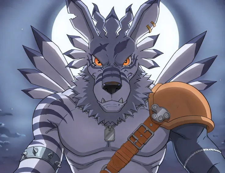 weregarurumon, weregmonil, ripped blue jeans with a spiked knee-pad on the right leg, a leather pauldron on left shoulder, blue arm sleeve on left arm, dog_tag, silver armbands right arm, anthro, male, wolf, light blue fur, orange eyes, dark blue stripes, ...