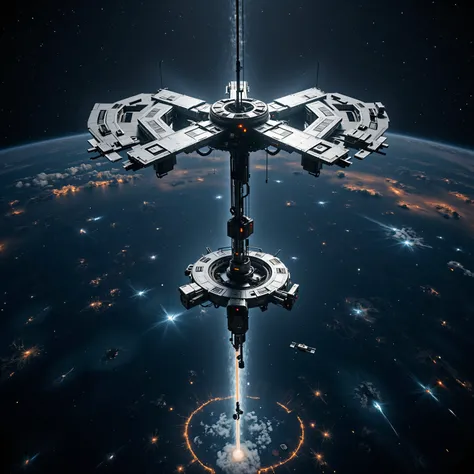 A breathtaking, photorealistic image taken from the top of a space elevator, looking straight down toward Earth far below. 

The space elevator’s sleek, futuristic structure stretches downward, its carbon nanotube cables gleaming in the sunlight, thinning ...