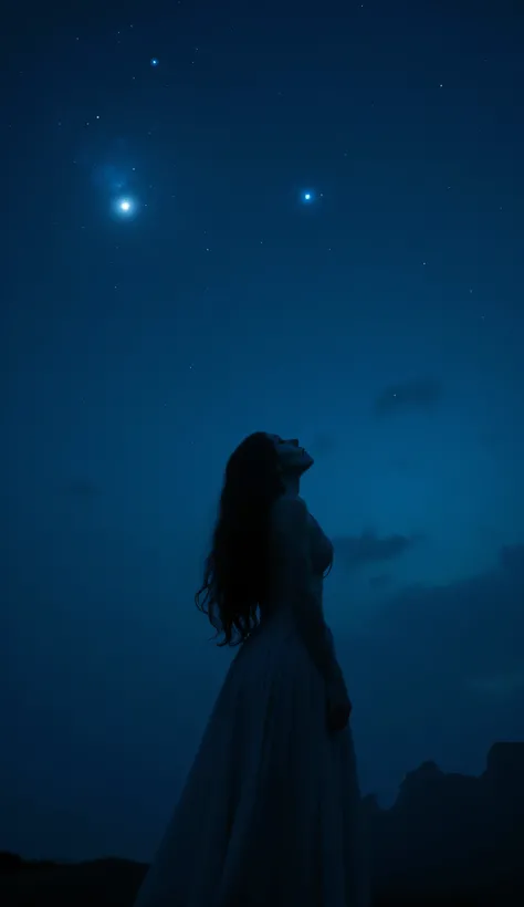 A full body dramatic artistic shot of a beautiful young woman with dark wavy hairstyle, ((very pale skin)), looking up at a starry night sky, cinematic shot, cinematic composition, thick mist, ((((deep dark sapphire blue color)))), at night, darkness, shad...