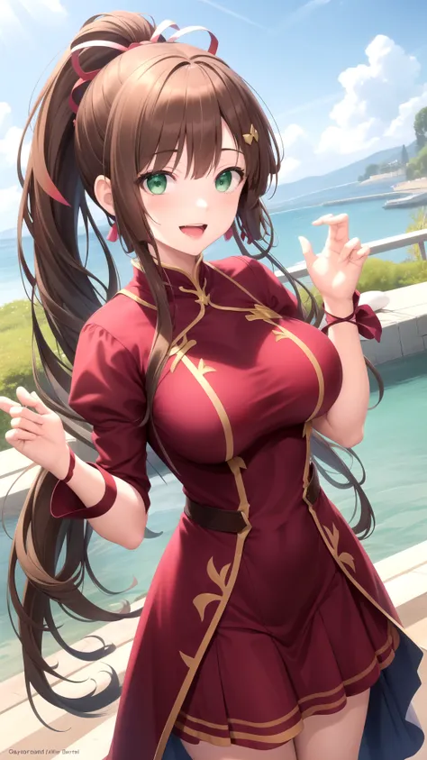 Masterpiece, Best Quality, girl, looking at viewer, Sayaka kirasaka, Brown hair, Green Eyes, high ponytail hair ribbon, large breasts, princess connect Re:Dive cosplay, princess Dress, standing, smile, open mouth, outdoors 