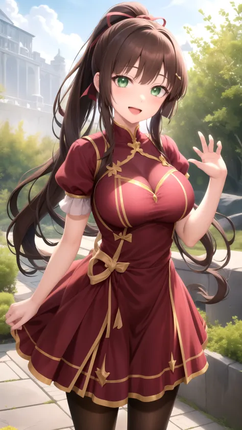 Masterpiece, Best Quality, girl, looking at viewer, Sayaka kirasaka, Brown hair, Green Eyes, high ponytail hair ribbon, large breasts, princess connect Re:Dive cosplay, princess Dress, standing, smile, open mouth, outdoors 
