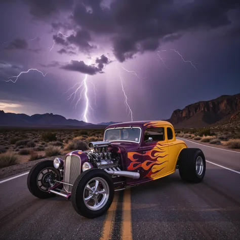 Create a photo-realistic, vintage, coupe 37, custom dragster vehicle. The dragster has monstrous oversized tires with polished slotted chrome rims. The car has custom side painted flames. The vehicle has vintage coupe parts embellished in chrome. The roadw...
