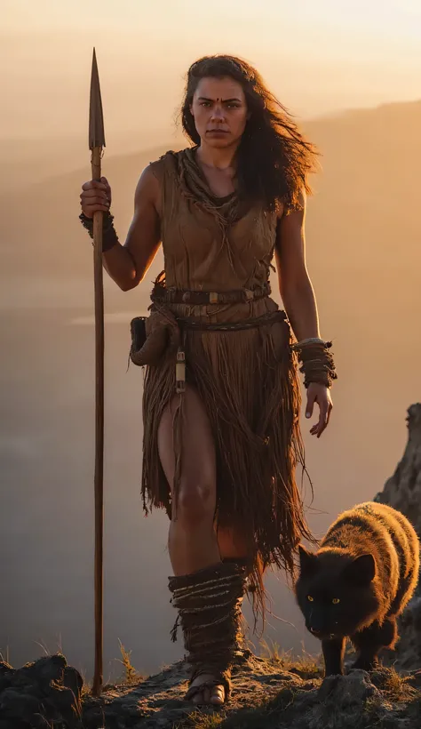 HYPERREALISTIC PHOTOGRAPHY, SPONTANEOUS PORTRAIT, DECREASING SCALE PERSPECTIVE, (OF A PREHISTORIC MATURE WARRIOR WOMAN), NORDIC, INDOMITABLE WILD, LARGE, ROBUST BODY, (VERY MUSCULAR), THICK LEGS, WIDE HIPS, BEAUTIFUL WAIST, (CLIMBING A SHARP MOUNTAIN), IN ...