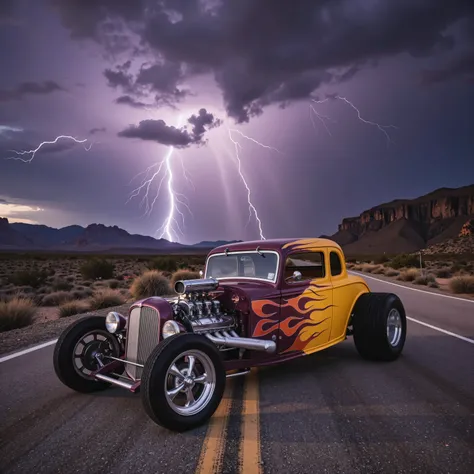 Create a photo-realistic, vintage, coupe 37, custom dragster vehicle. The dragster has monstrous oversized tires with polished slotted chrome rims. The car has custom side painted flames. The vehicle has vintage coupe parts embellished in chrome. The roadw...