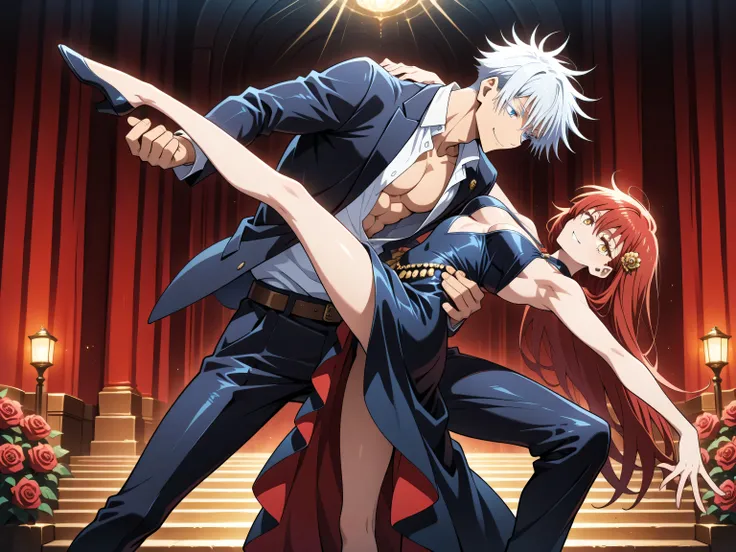 1 man, male focus, Gojo Satoru, Jujutsu Kaisen, white hair, short hair, blue eyes, colored eyelashes, sexy man, handsome, muscular, trained body, black suit, white shirt, open shirt jacket, flamenco outfit BREAK 1 girl, female focus, Ryu Shana, golden eyes...