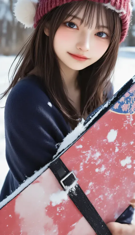 1 woman、high resolution, masterpiece, is anatomically correct, 最high quality of wavy lines, high detail, high quality of wavy lines, Ultra Fine, textured skin, Hair, smiles, portrait photography, Aperture F2.8,Ski resort、 Snow Mountain 、Snowboarder、Ski we...
