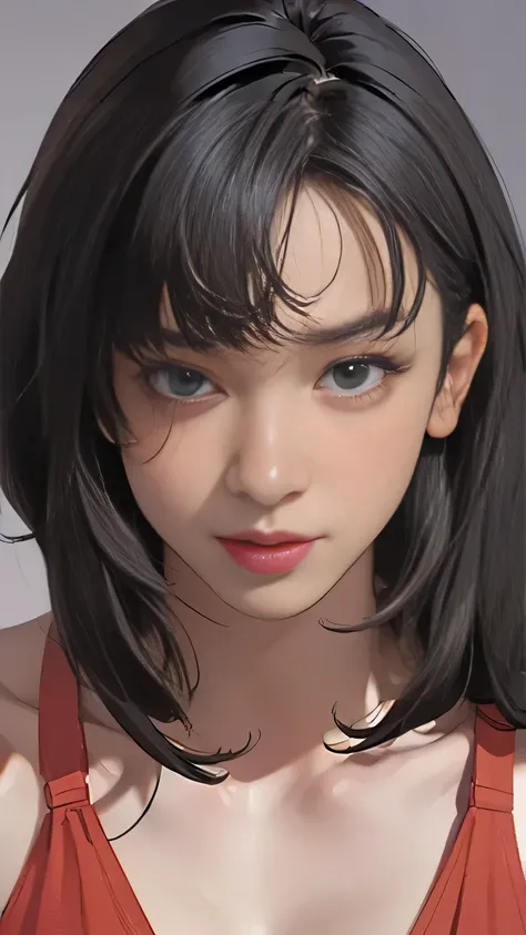 ((sad expression, parted lips, Viewers, golden eyes , makeup, lipstick, Dark Skin, plump lips with a face and hairstyle)), (A woman in a red bikini with a black pattern;1.5), 1 girl, smile, ((Firm and well-shaped small breasts;1.5)), worm's eye view, Domi...
