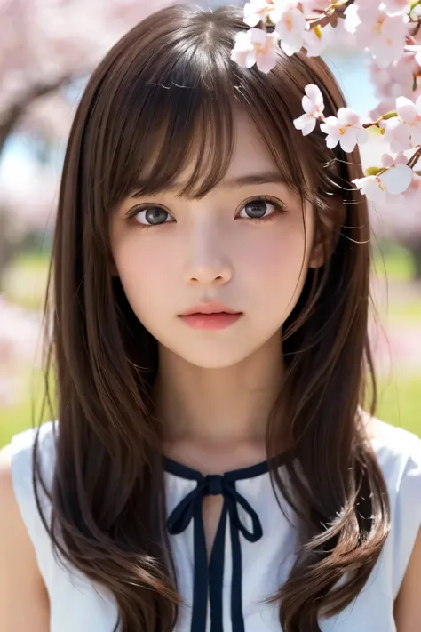 1girl, (a beauty girl, delicate girl, beautiful girl, innocent girl:1.3), (12yo:1.3),
break, (one-peace dress:1.3), (cowboy shot, ruffle longskirt),
break, (Cherry blossom trees background:1.3),
break, very fine eyes, (symmetrical eyes:1.3),
break, (flat b...