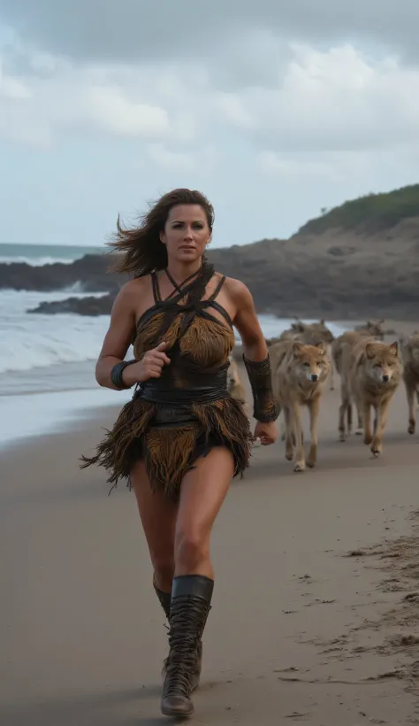 HYPERREALISTIC PHOTOGRAPHY, SPONTANEOUS PORTRAIT, DECREASING SCALE PERSPECTIVE, OF A WARRIOR WOMAN, MATURE, NORDIC, PREHISTORIC, NORDIC, WILD INDOMITABLE, WITH A LARGE, ROBUST BODY, VERY MUSCULAR, THICK LEGS, WIDE HIPS, BEAUTIFUL WAIST, RUNNING ALONG A BEA...