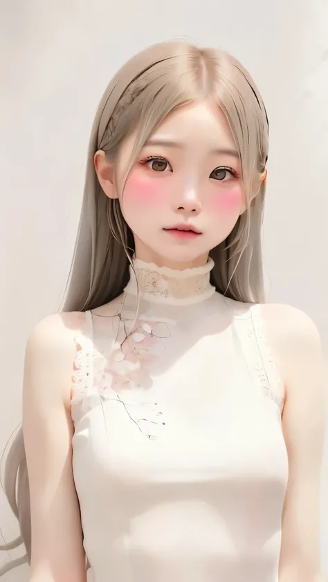 perfect anatomy, japanese girls , alone、one girl、少し短い首:1.7, Albino Skin, Gray Hair, straight long hair , light brown eyes, high neck lace fabric, white clothes, artistic, light pink background pointing down