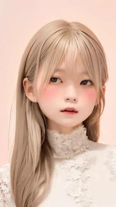 perfect anatomy, japanese girls , alone、one girl、少し短い首:1.7, Albino Skin, Gray Hair, straight long hair , light brown eyes, high neck lace fabric, white clothes, artistic, light pink background pointing down