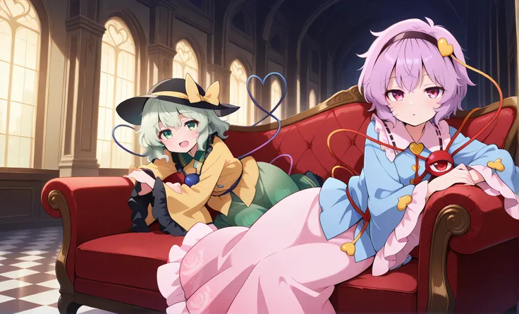 absurdres, highres, masterpiece, best quality, amazing quality, official anime artwork, screencap, anime screencap, indoors, palace, dark, checkered floor, marble, columns, sofa, dynamic pose, looking at viewer, 2girls, lying on sofa, sofa, 
 komeiji koish...