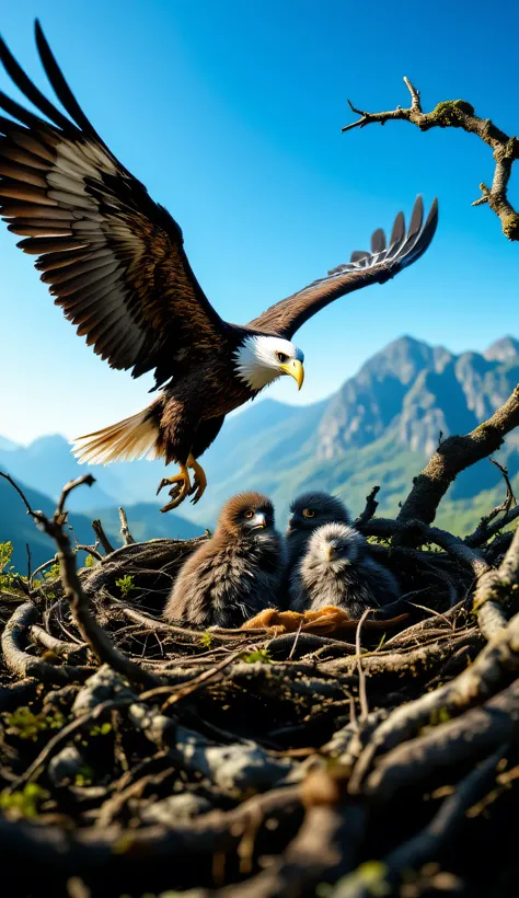 A captivating, photorealistic image from the perspective of a hidden camera positioned just inside an eagle’s nest, partially obscured by twigs and leaves. The nest is a sprawling, rugged construction of branches and moss, perched high on a rocky cliff wit...