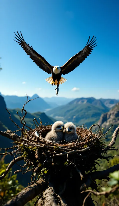 A captivating, photorealistic image from the perspective of a hidden camera positioned just inside an eagle’s nest, partially obscured by twigs and leaves. The nest is a sprawling, rugged construction of branches and moss, perched high on a rocky cliff wit...