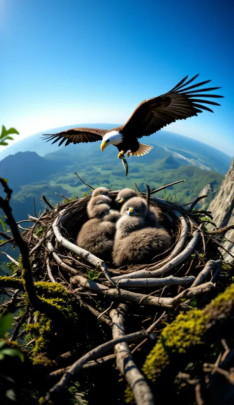 A captivating, photorealistic image from the perspective of a hidden camera positioned just inside an eagle’s nest, partially obscured by twigs and leaves. The nest is a sprawling, rugged construction of branches and moss, perched high on a rocky cliff wit...