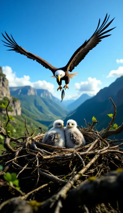 A captivating, photorealistic image from the perspective of a hidden camera positioned just inside an eagle’s nest, partially obscured by twigs and leaves. The nest is a sprawling, rugged construction of branches and moss, perched high on a rocky cliff wit...