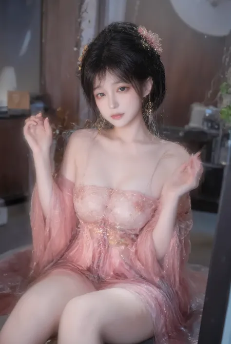 girl,solo,dress,earrings,jewelry,long hair, ancient female chinese clothes,looking at viewer , Chinese dress,brown eyes, black hair, sexy camisole, camisole like a pink see through cloth, revealing full thights and hip and venter, top quality, Masterpiece,...