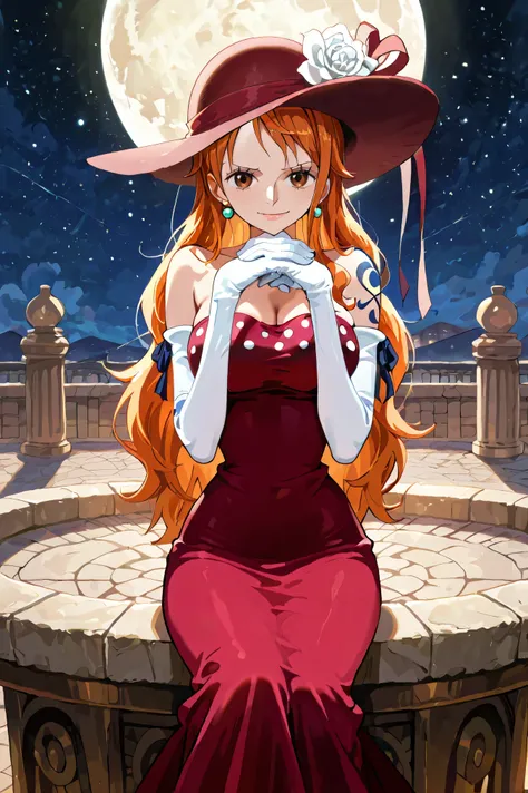 (masterpiece) solo, 1girl, nami, one piece, long orange hair, earrings, brown eyes, sleek legs, red wide flat-brim hat with a ribbon decoration), red long dress with sequins, off shoulder,  strapless,  ((white elbow length gloves)), (smiling, coy, confiden...