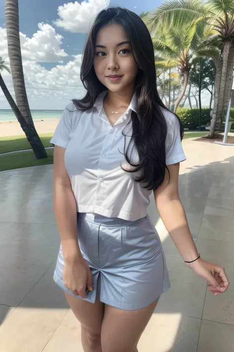 1girl, solo, (uniform), standing, at the beach, face at center frame, beautifully beach scenery, detailed face, seductive smile, detailed eyes, thick breasts, smooth skin, ponytail hairstyle, tight white shirt, grey blue short skirt, looking at the audienc...