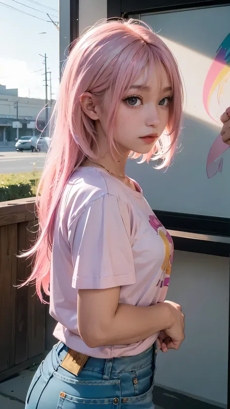 AniPoma 1,(masterpiece, best illustrations, The best manga), alone, 1 girl, purple eye, ( shiny skin, soft hair for cell phones), (Milkshake in hand), freckles, (bright pink two-tone hair:1.3), (I'm wearing a Led Zeppelin t-shirt, denim jeans), (Intense ...