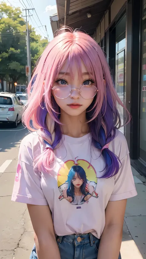 AniPoma 1,(masterpiece, best illustrations, The best manga), alone, 1 girl, purple eye, ( shiny skin, soft hair for cell phones), (Milkshake in hand), freckles, (bright pink two-tone hair:1.3), (is wearing a Led Zeppelin t-shirt, denim jeans), (Intense l...