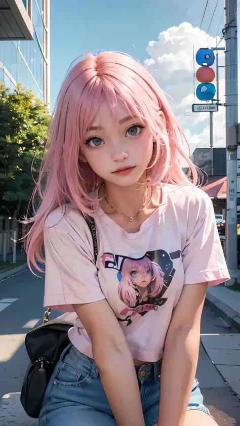 AniPoma 1,(masterpiece, best illustrations, The best manga), alone, 1 girl, purple eye, ( shiny skin, soft hair for cell phones), (Milkshake in hand), freckles, (bright pink two-tone hair:1.3), (I'm wearing a Led Zeppelin t-shirt, denim jeans), (Intense ...