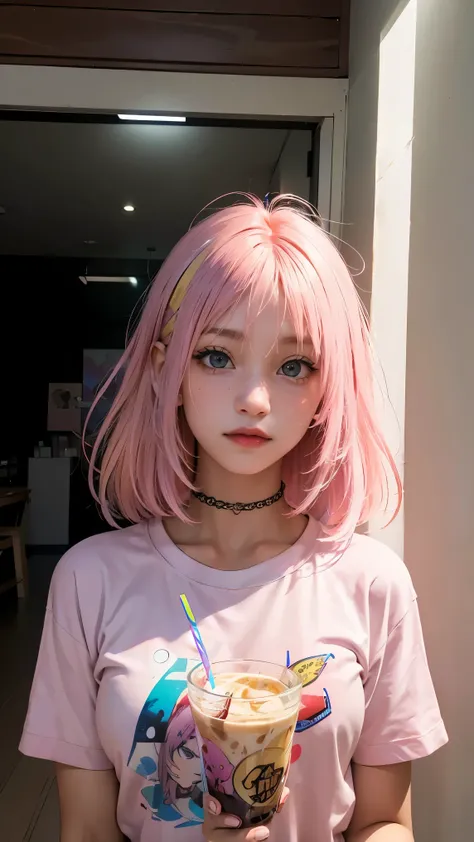 AniPoma 1,(masterpiece, best illustrations, The best manga), alone, 1 Girl, purple eye, ( shiny skin, soft hair for cell phones), (Milkshake in hand), freckles, ( Bright Pink Two-tone Hair :1.3), (I'm wearing a Led Zeppelin t-shirt, denim jeans), (Intens...